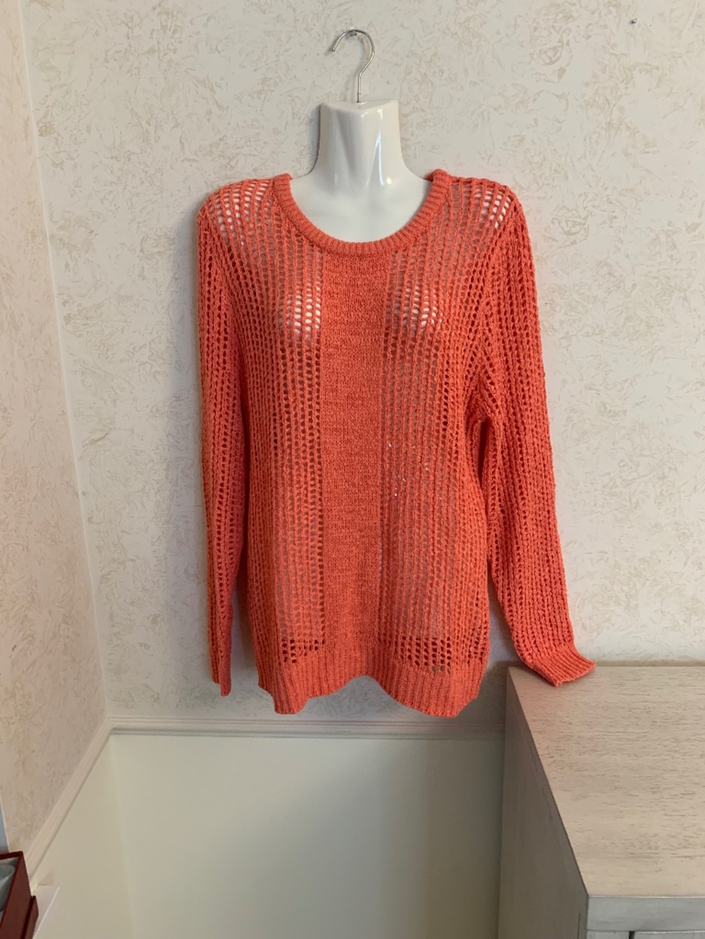 Venus Coral-Peach Colored Crochet Sweater Top, Size L